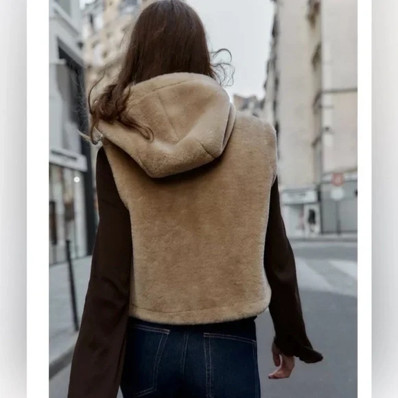 ZARA Tan Faux Shearling Fur Hooded Vest NWT - Picture 3 of 15